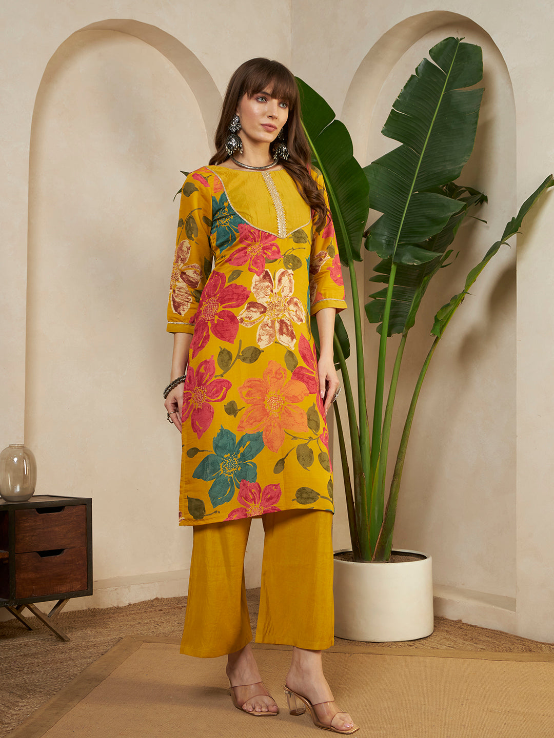 Women’s Mustard Yellow Floral Printed Kurta Pant Set with Dupatta