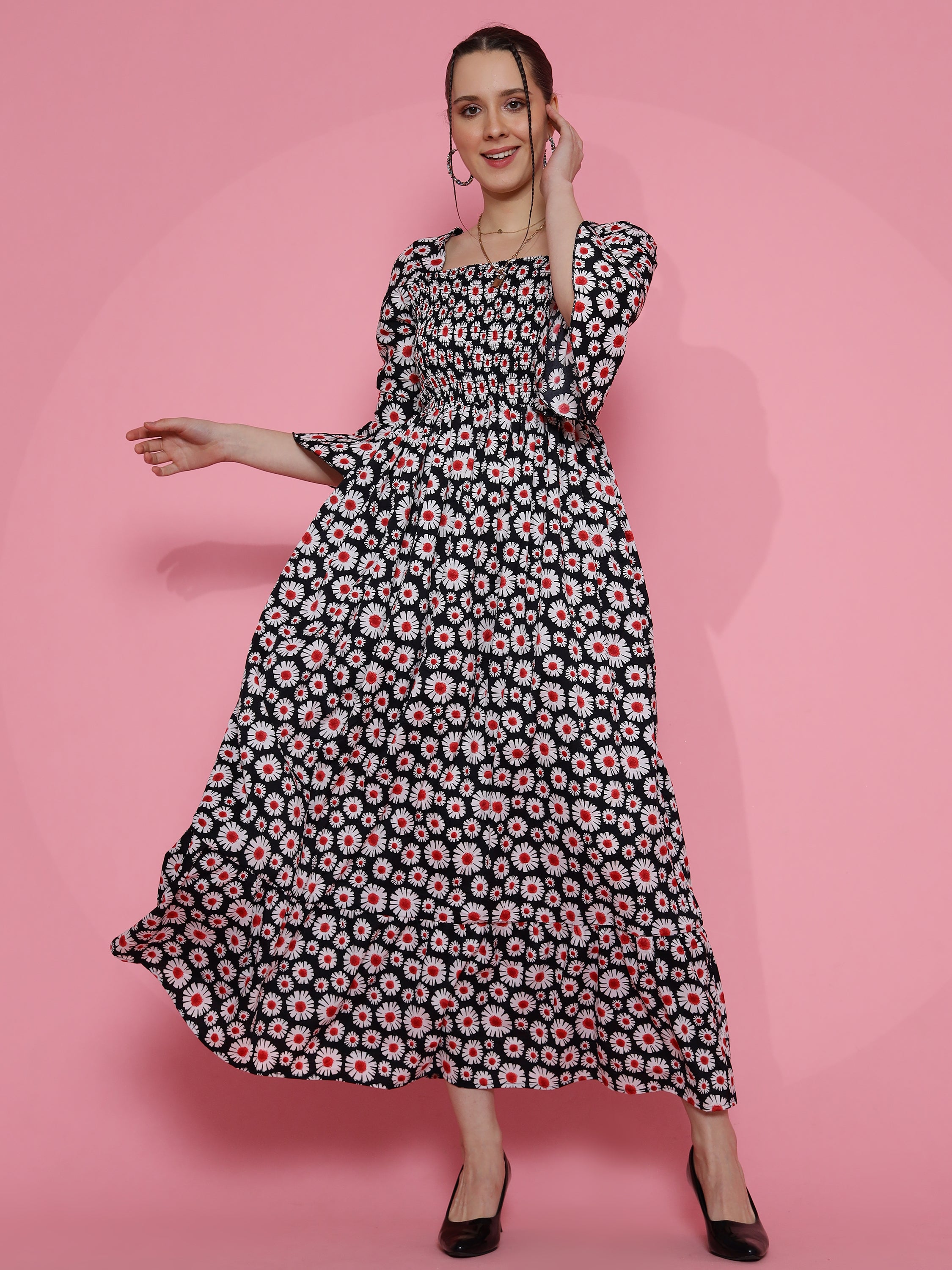 Women Royal Floral Printed Smoked Maxi Dress