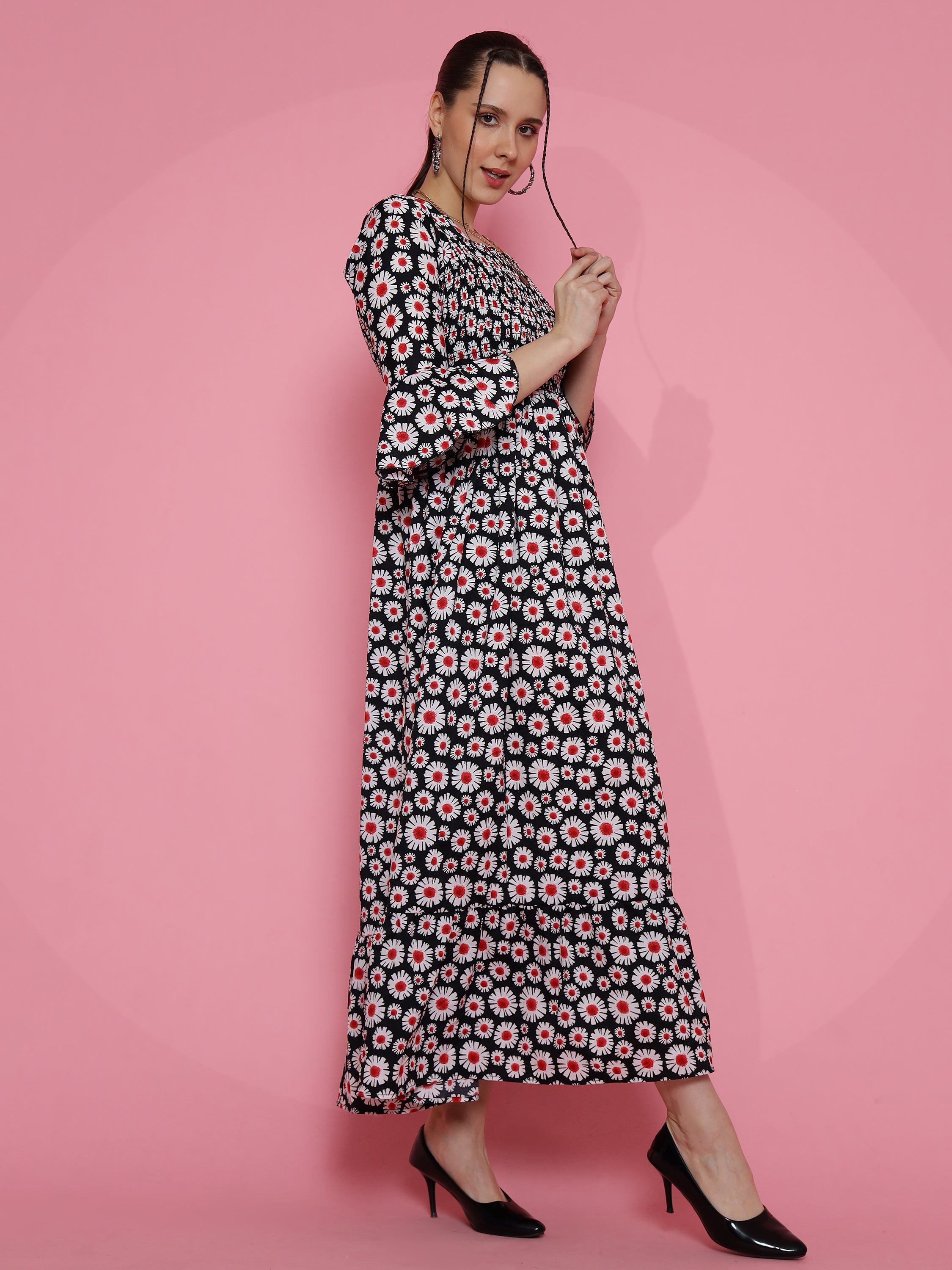 Women Royal Floral Printed Smoked Maxi Dress