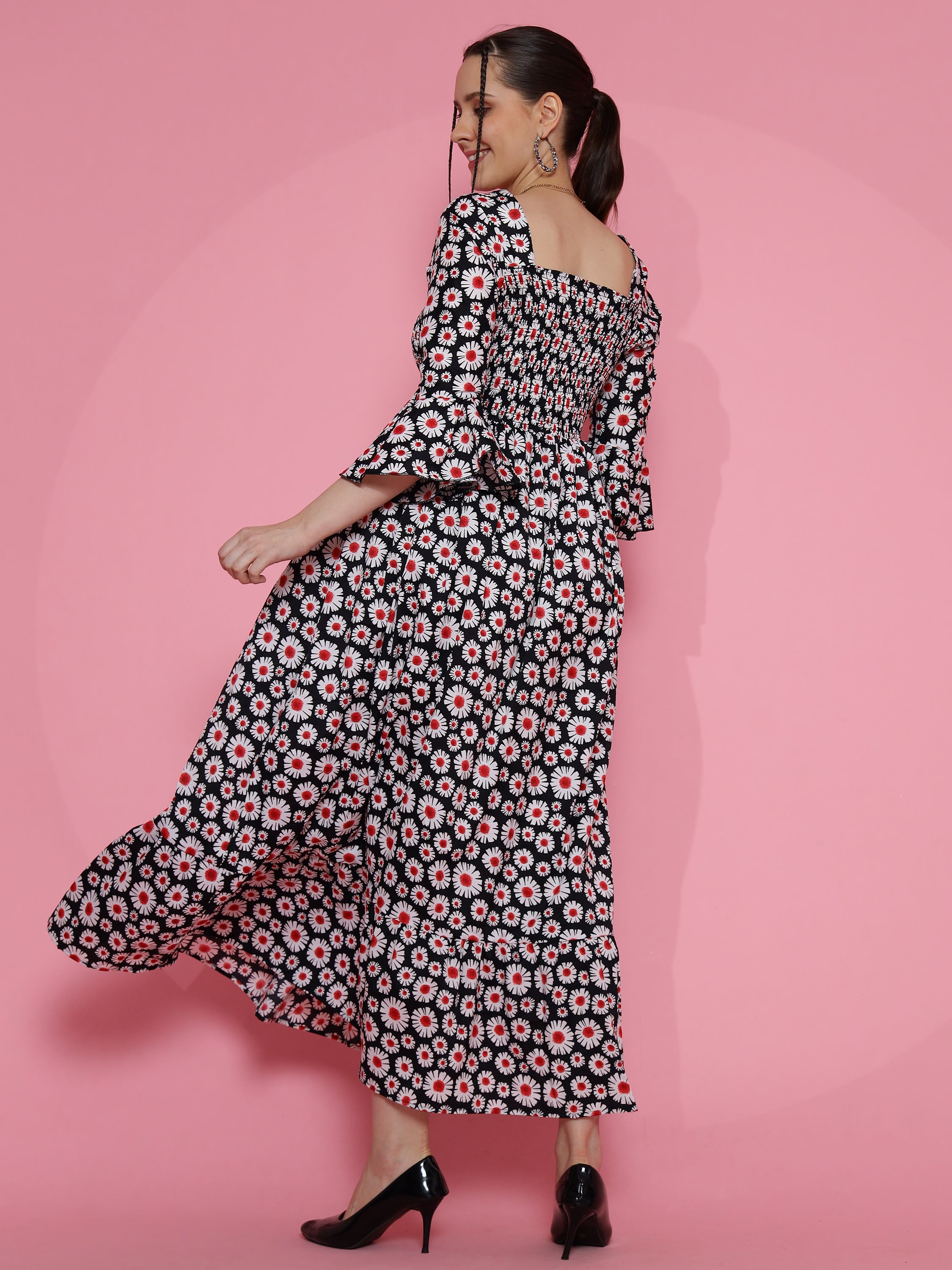 Women Royal Floral Printed Smoked Maxi Dress