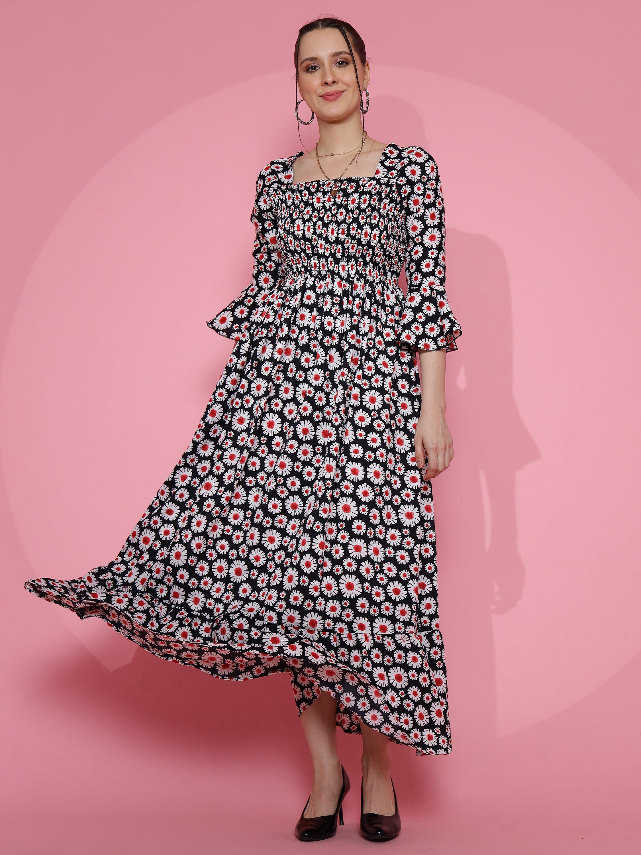 Women Royal Floral Printed Smoked Maxi Dress