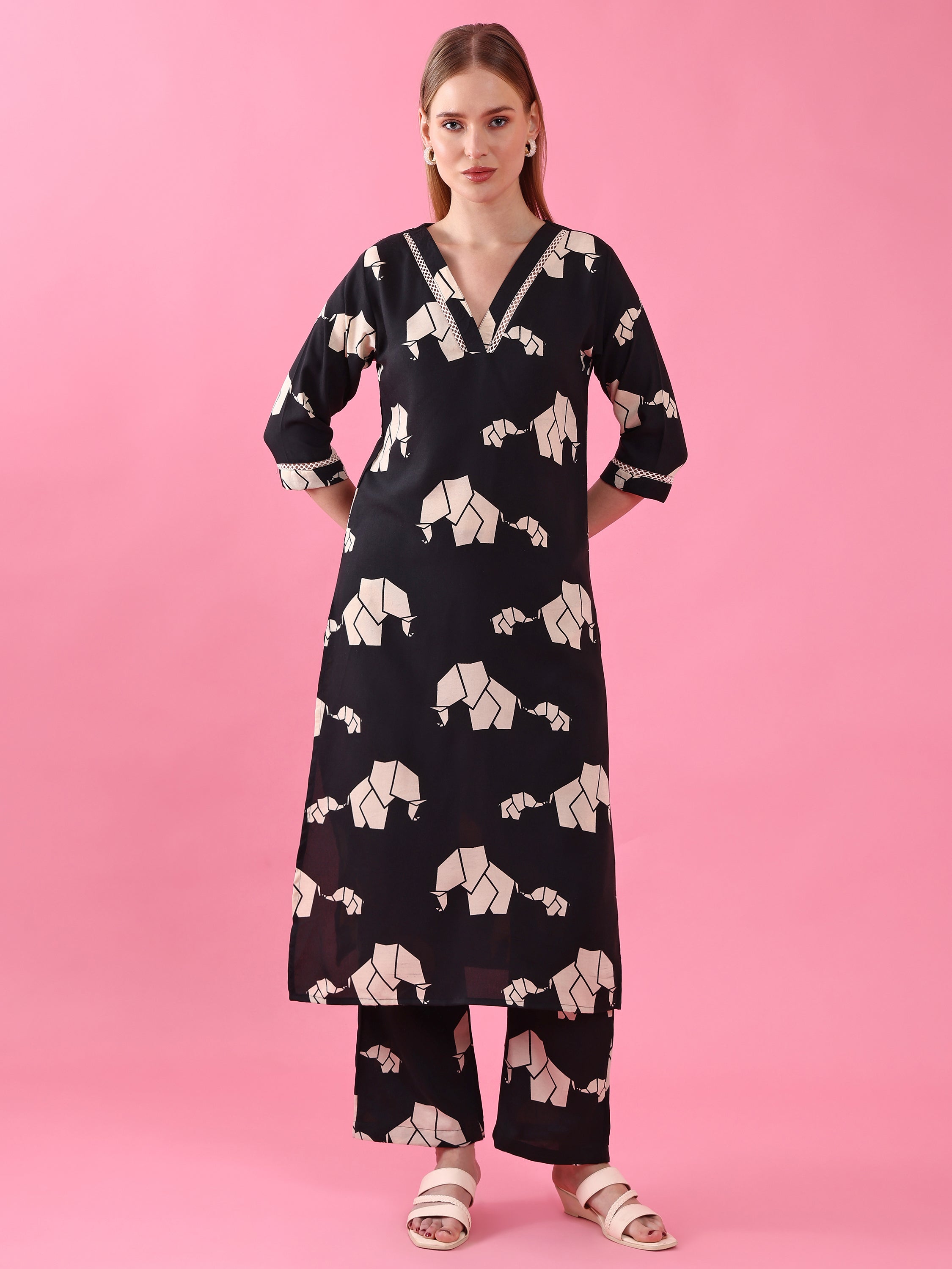 Women’s Black Polycotton Animal Printed Kurta with Matching Pant Set