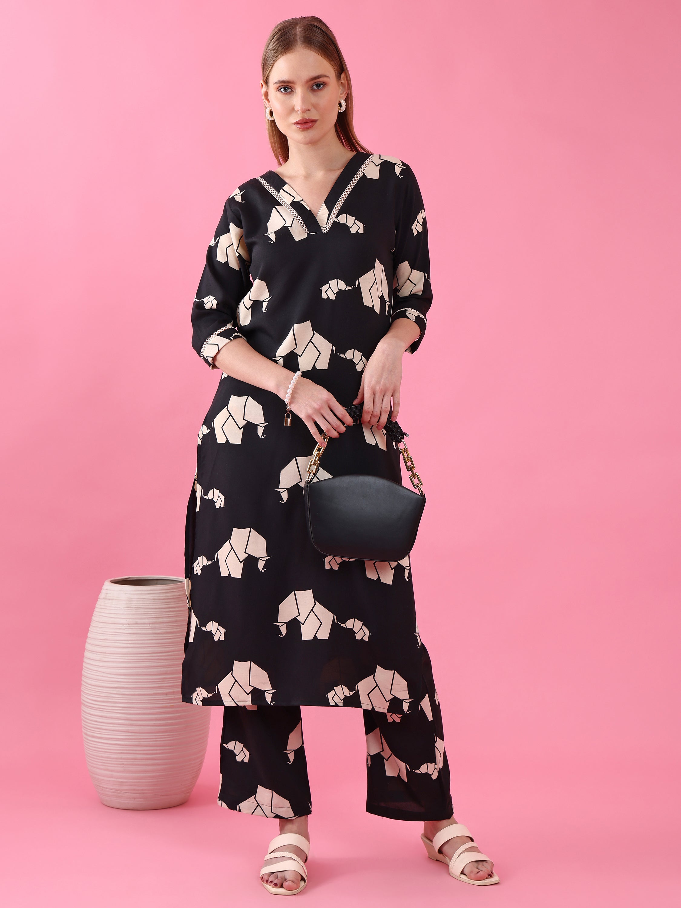 Women’s Black Polycotton Animal Printed Kurta with Matching Pant Set