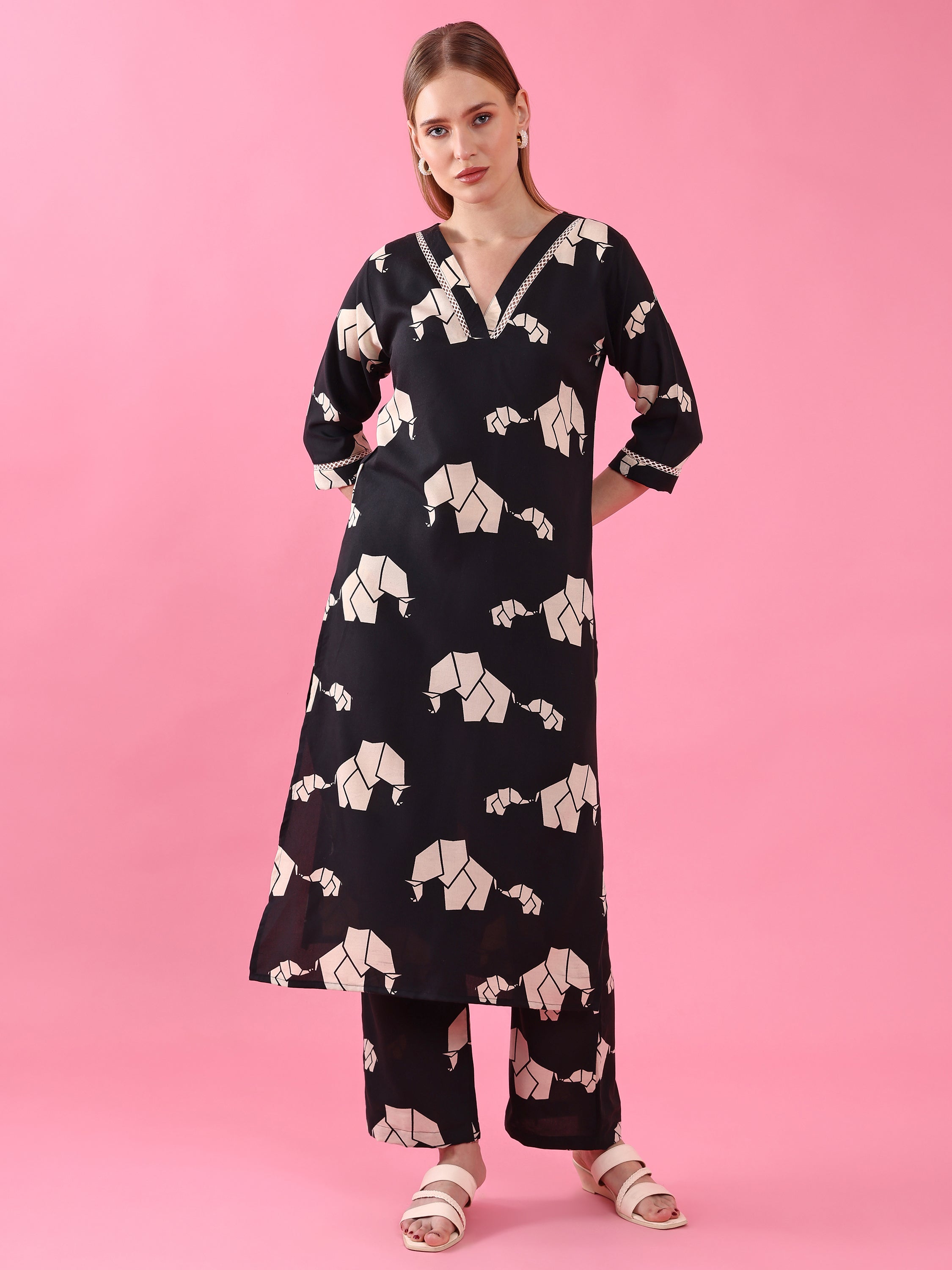 Women’s Black Polycotton Animal Printed Kurta with Matching Pant Set