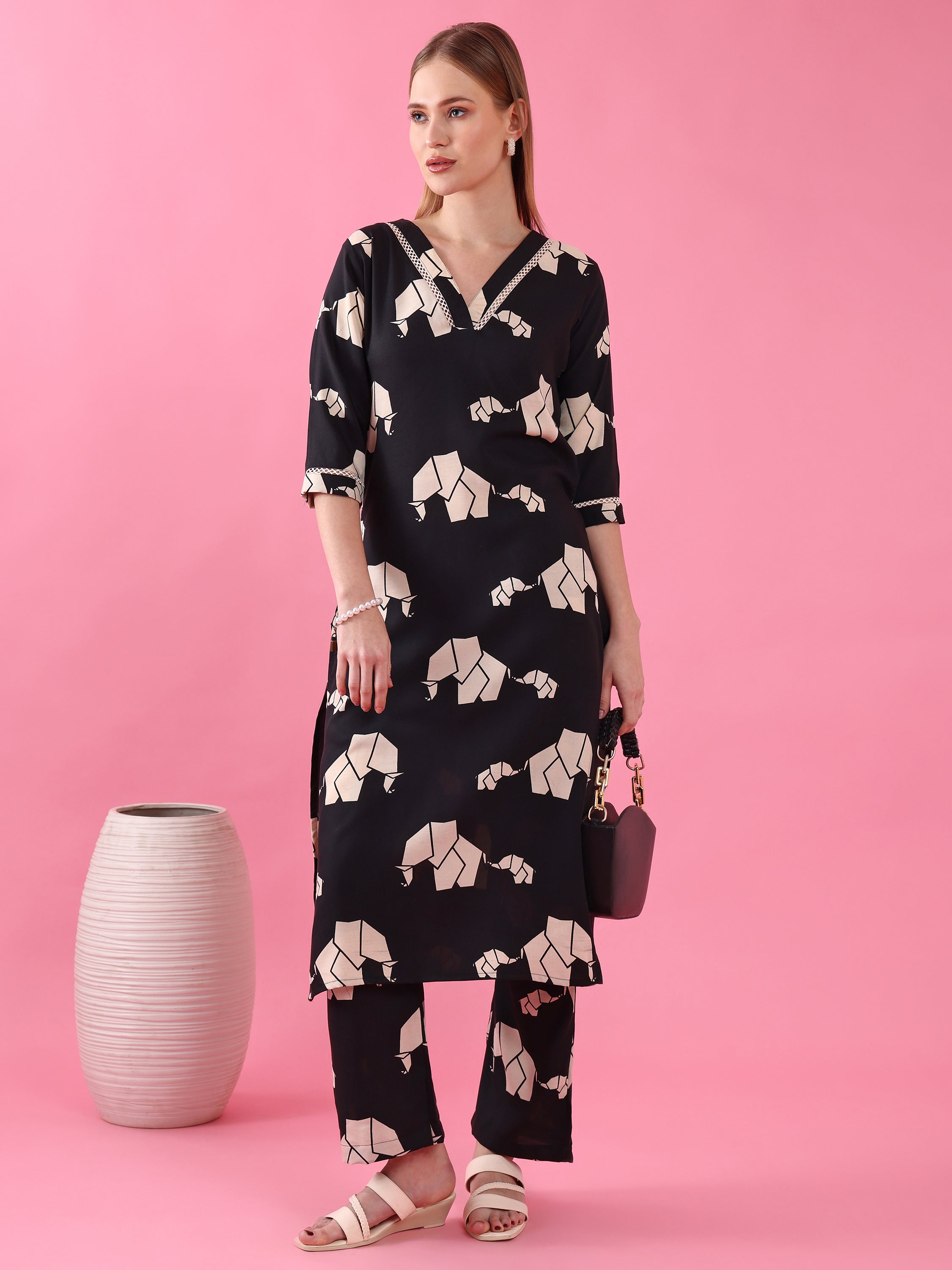 Women’s Black Polycotton Animal Printed Kurta with Matching Pant Set