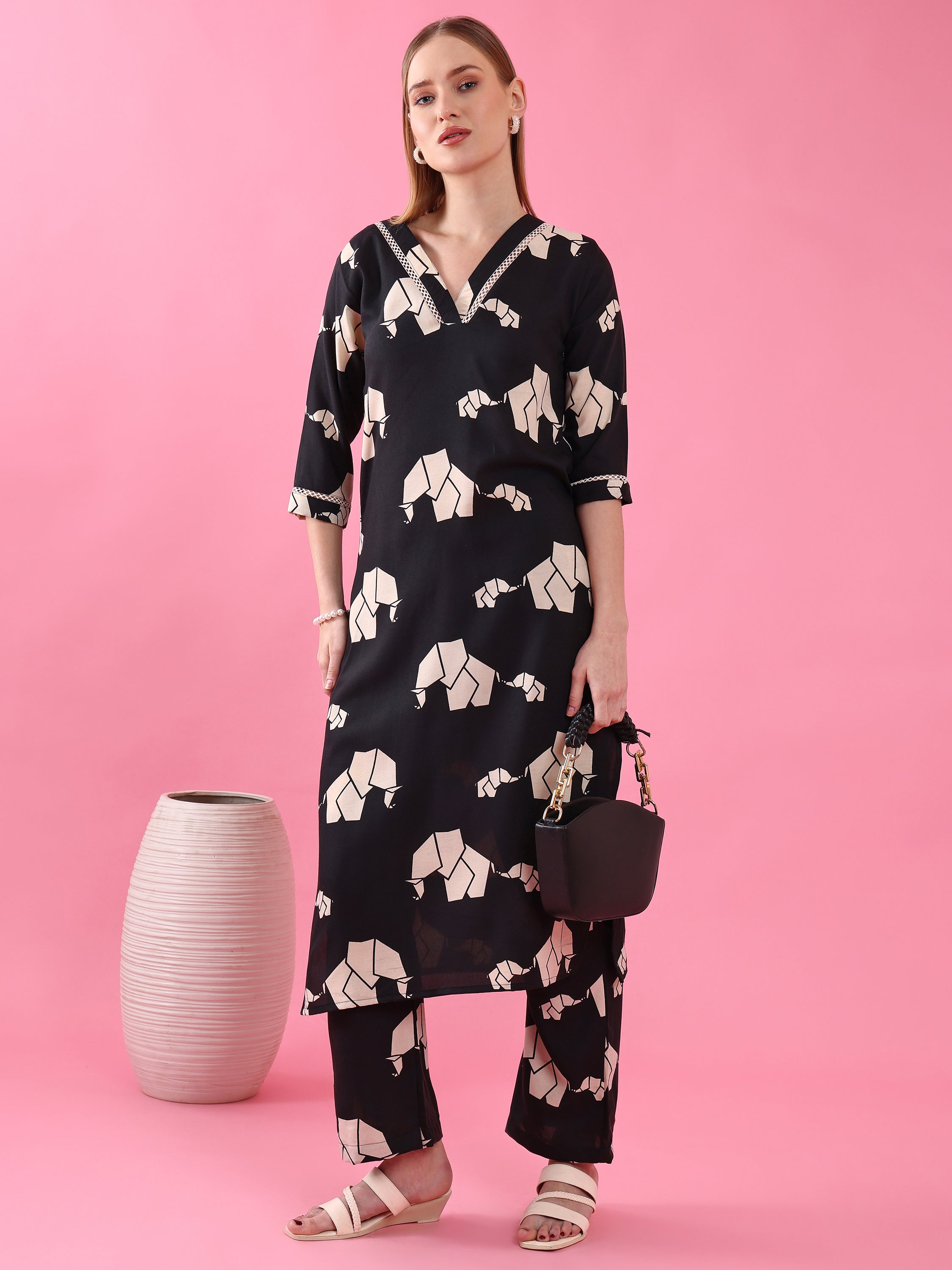 Women’s Black Polycotton Animal Printed Kurta with Matching Pant Set