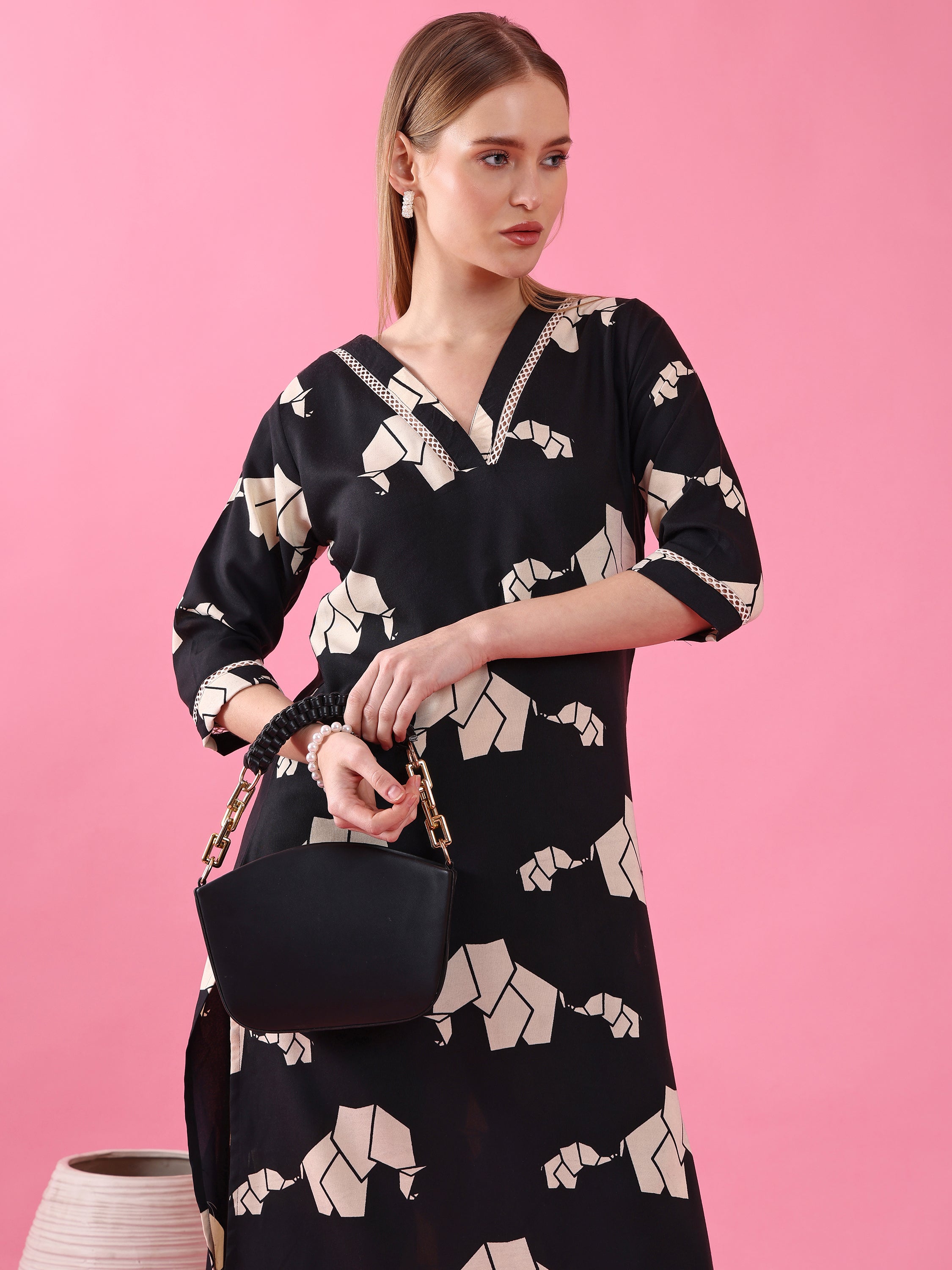Women’s Black Polycotton Animal Printed Kurta with Matching Pant Set