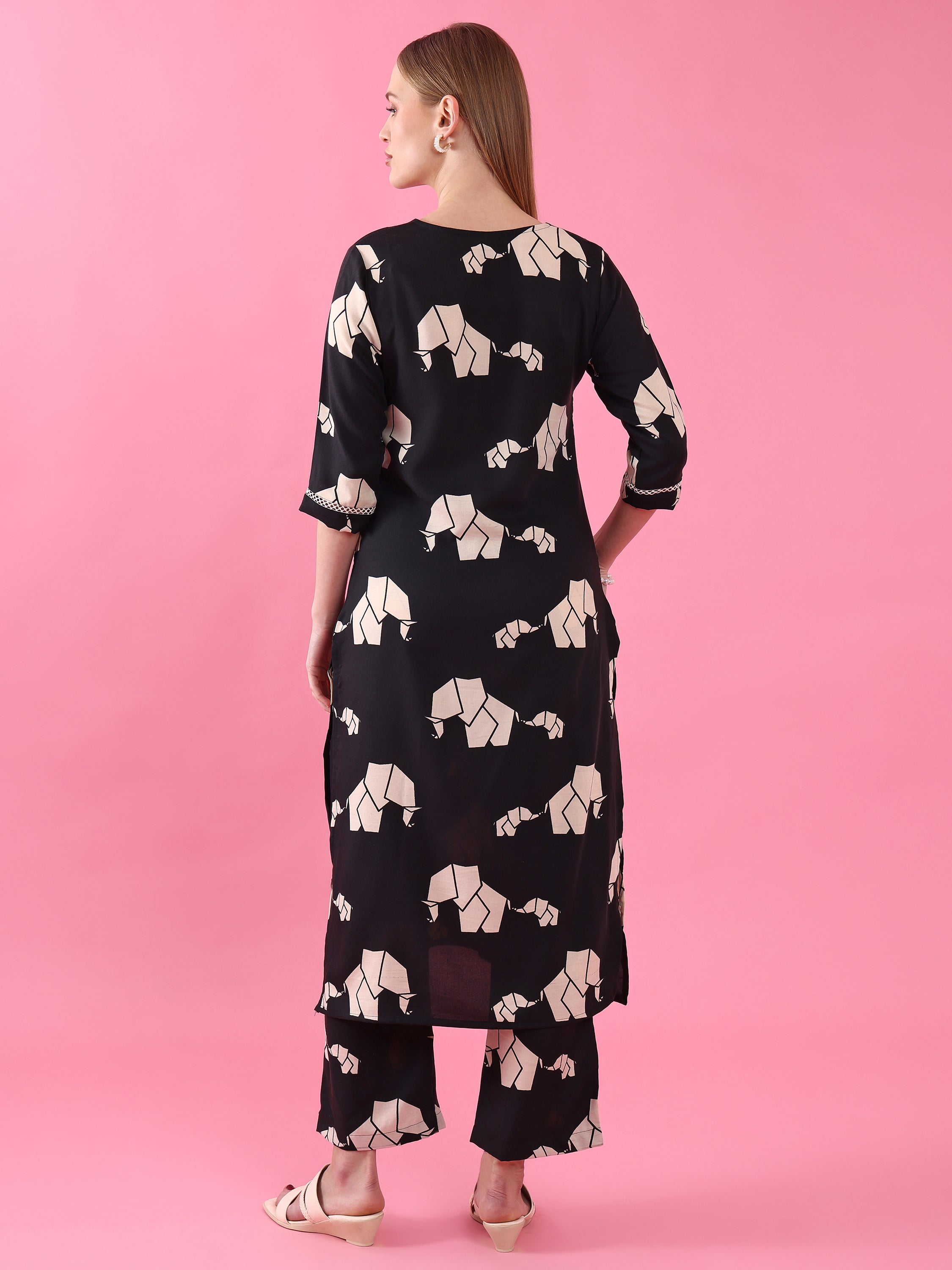 Women’s Black Polycotton Animal Printed Kurta with Matching Pant Set