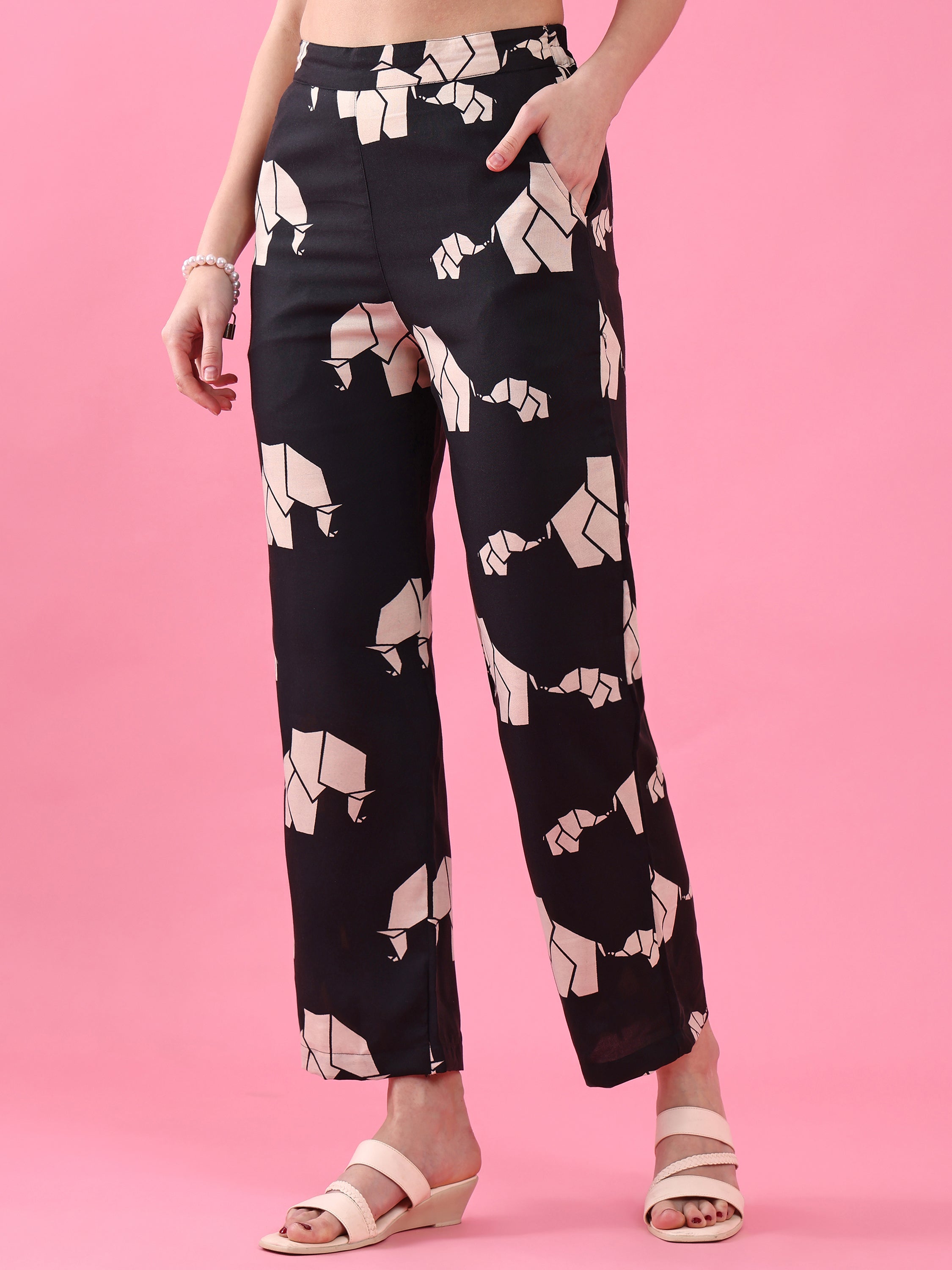 Women’s Black Polycotton Animal Printed Kurta with Matching Pant Set