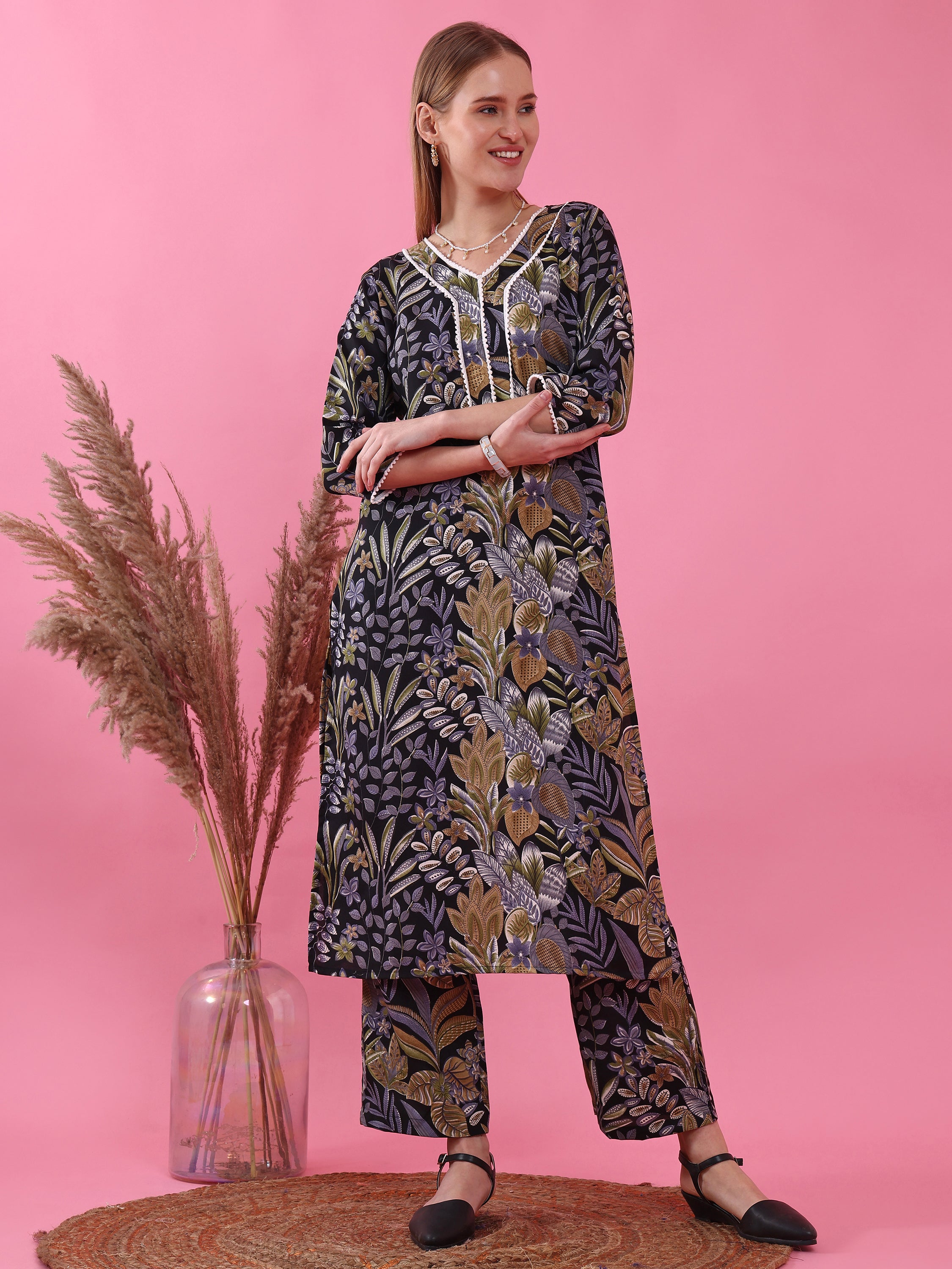 Women’s V-Neck Multicolor Floral Printed Polycotton Kurta Pant Set