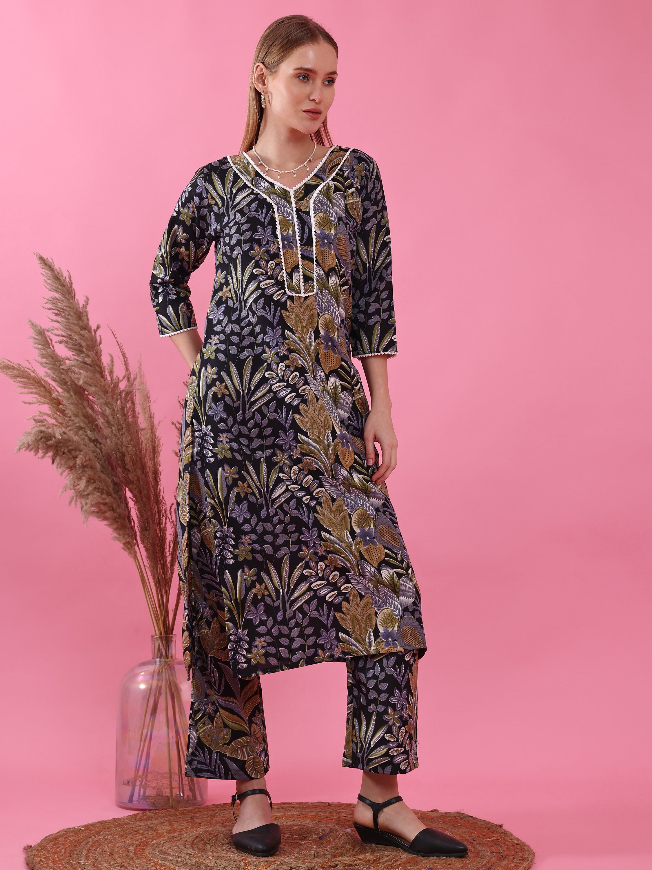 Women’s V-Neck Multicolor Floral Printed Polycotton Kurta Pant Set