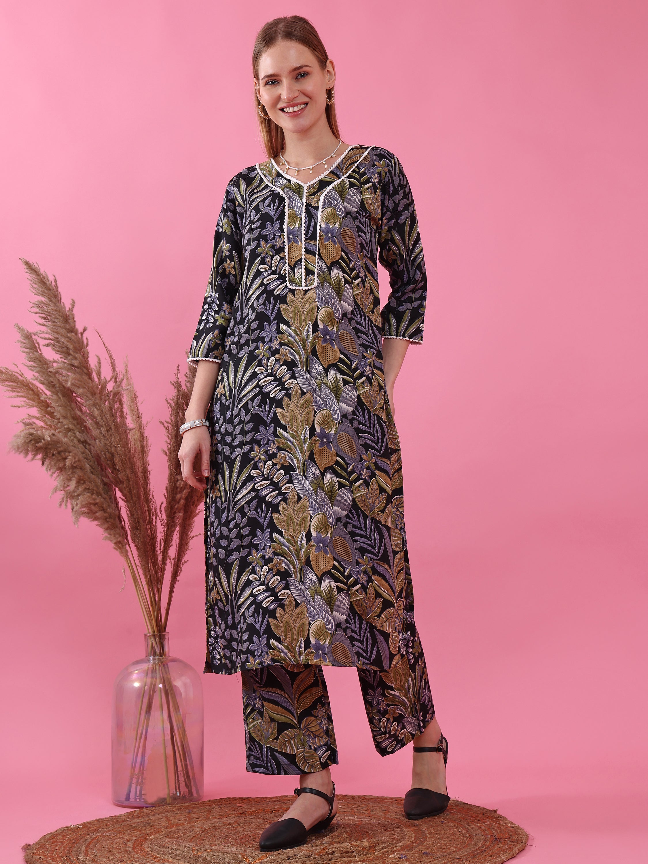 Women’s V-Neck Multicolor Floral Printed Polycotton Kurta Pant Set