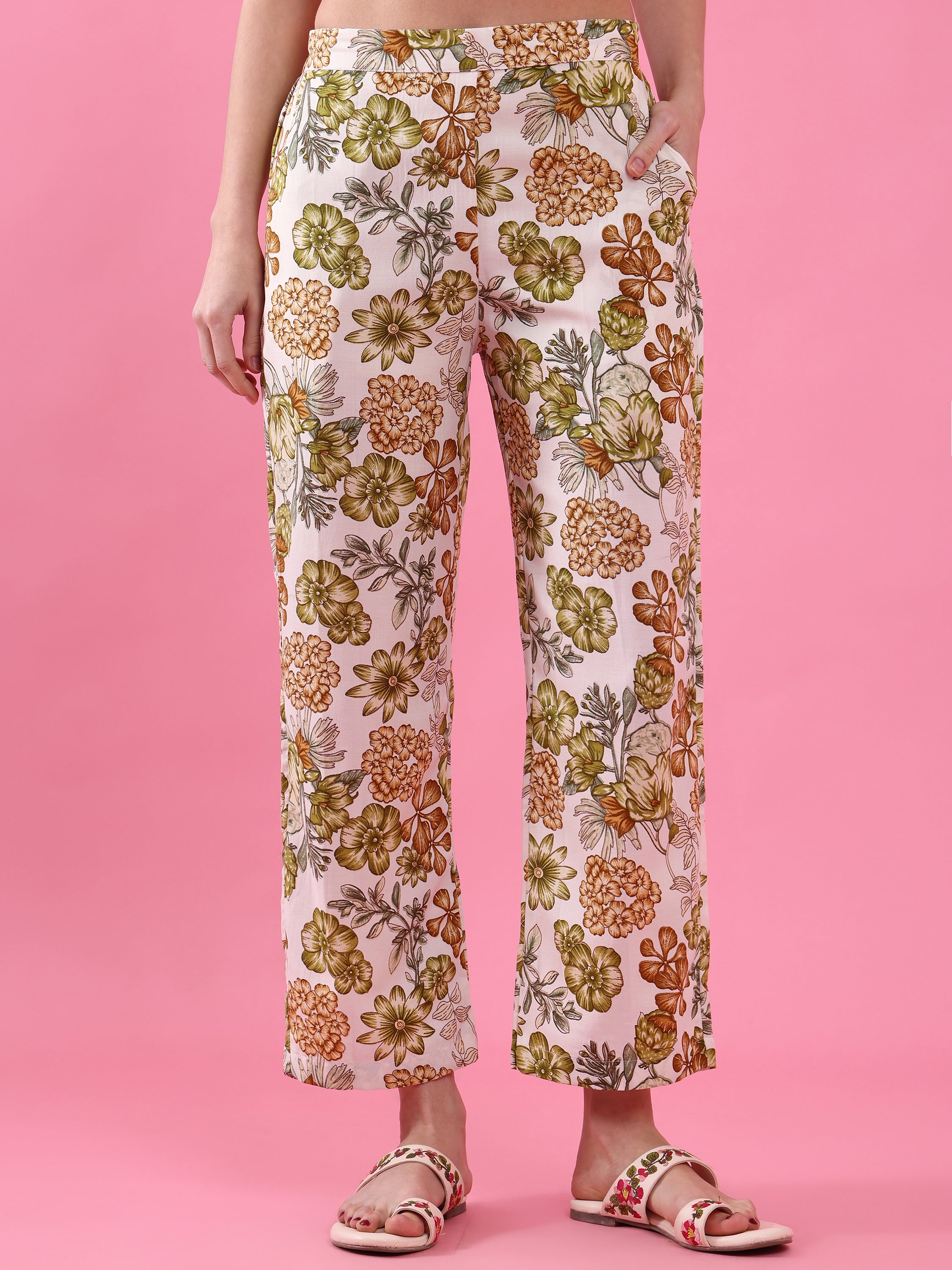 Women’s Beige Floral Printed Polycotton Kurta Pant Set