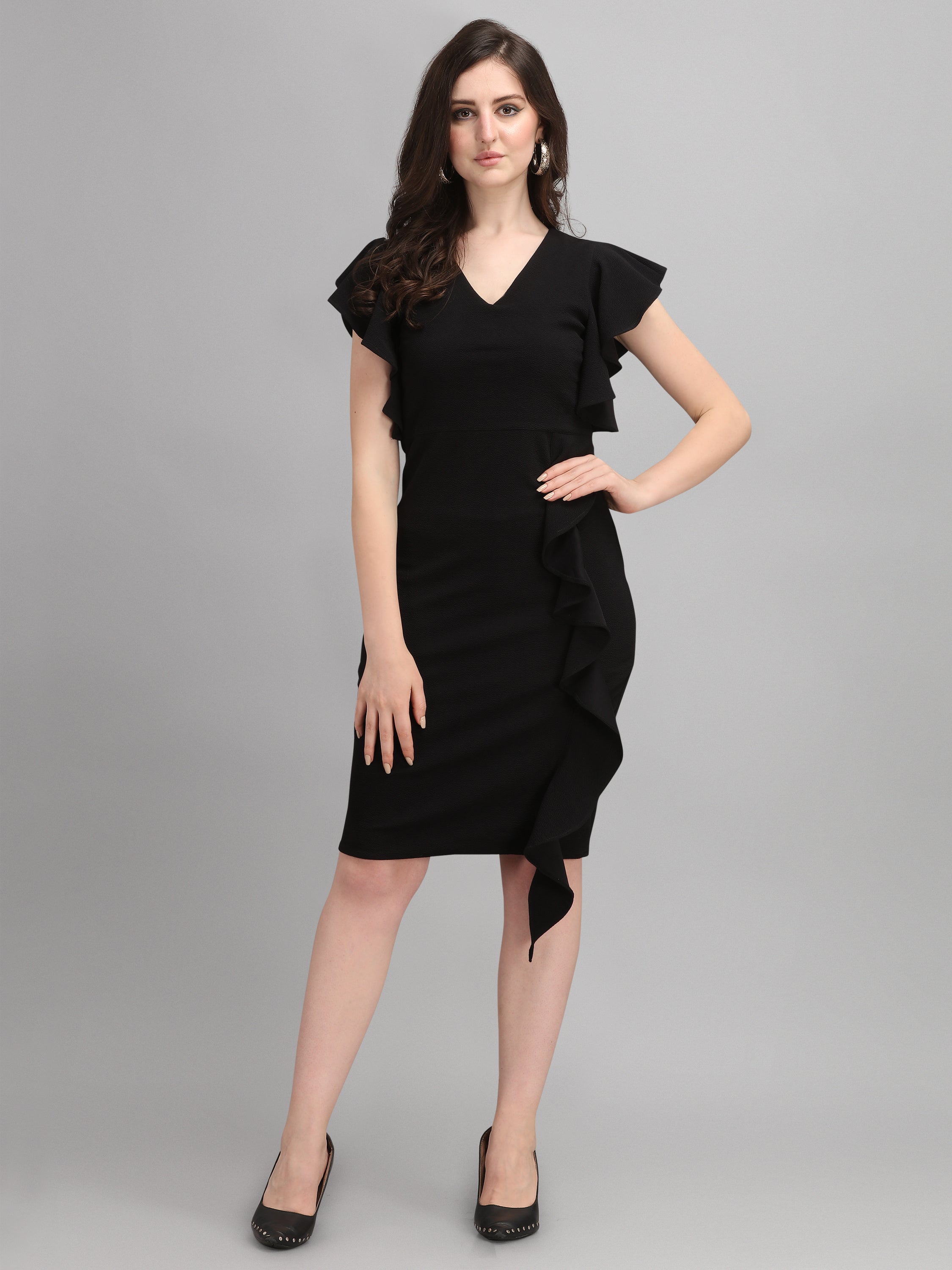 Solid Bodycon Short Sleeves V-Neck Dress